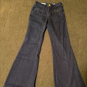 Pilcro flare jeans dark wash with gold hardware.  Mid rise 24p petite